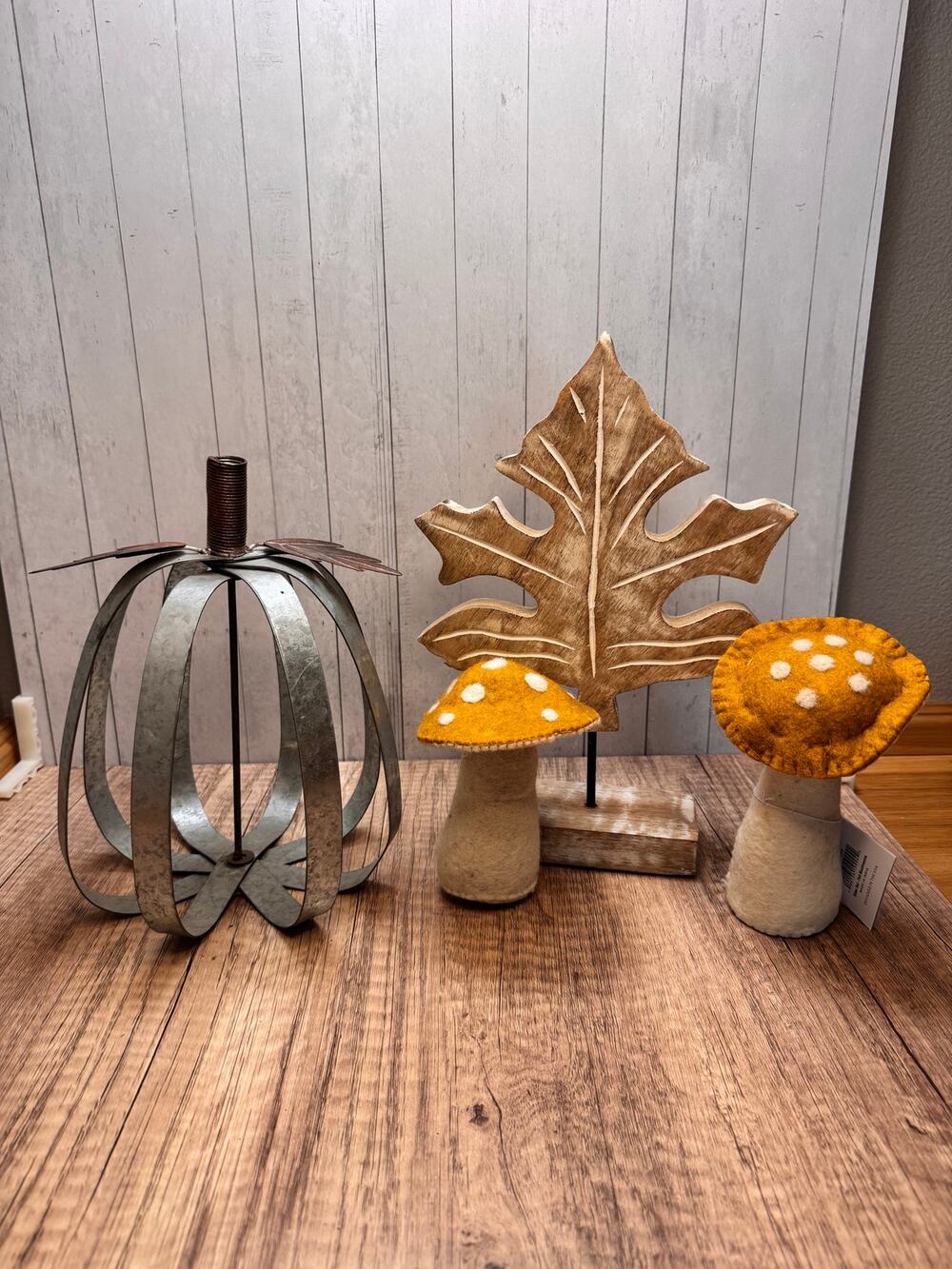 Fall Decor Set of 4:  Metal Pumpkin Felt Mushroom Set Maple Leaf Autumn Home